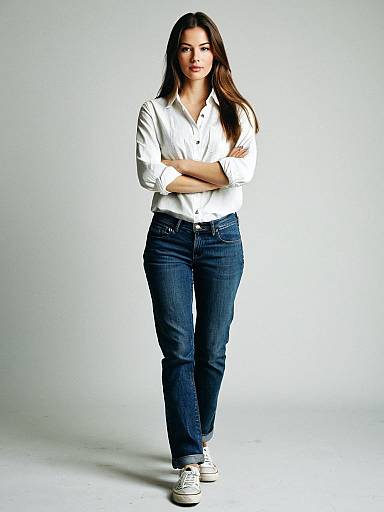 Woman in White Shirt and Straight Leg Jeans