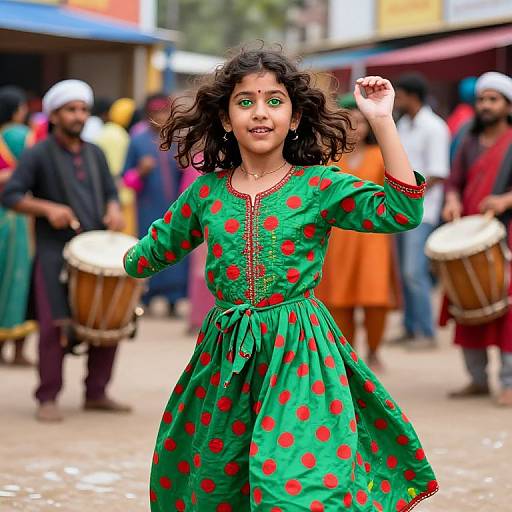 Photograph of a young Indian girl with curly black hair, green eyes, wearing a green dress with red polka dots, dancing in a colorful street