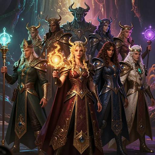 Fantasy digital painting of six horned, armored warriors with glowing weapons and fiery magic, standing in a dark, colorful, otherworldly landscape.