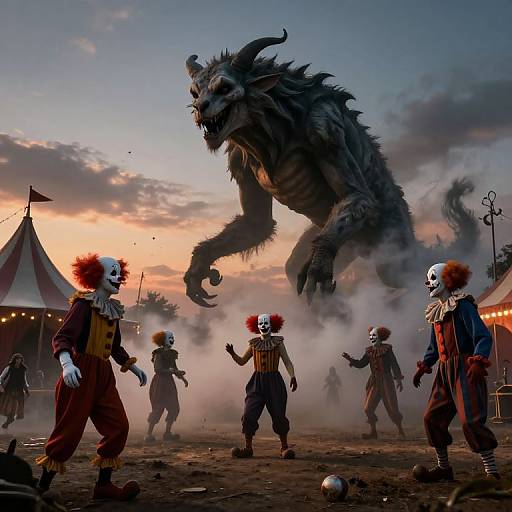 Digital art: Circus performers with clown faces and striped pants flee a towering, hairy, beastly creature during a sunset, smoke-filled circus tent background.