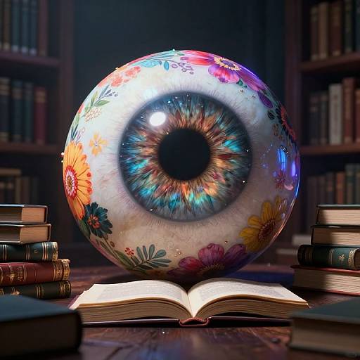 Photograph of a vividly colored, floral-patterned, giant eyeball sculpture on a wooden table, with an open book, surrounded by stacked books