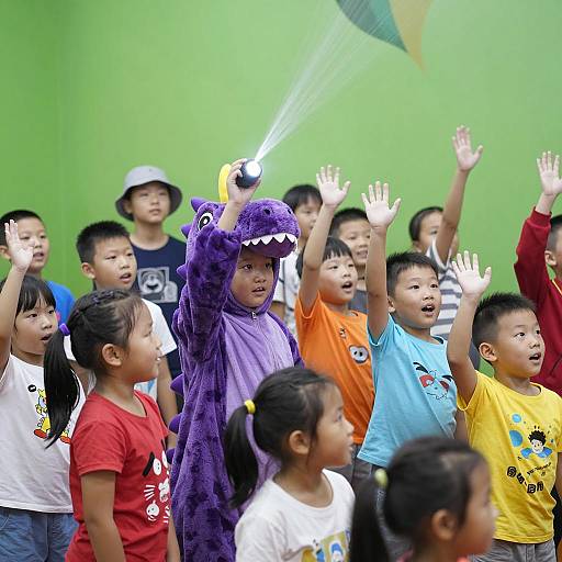 Child in Dinosaur Costume Leading Group Activity