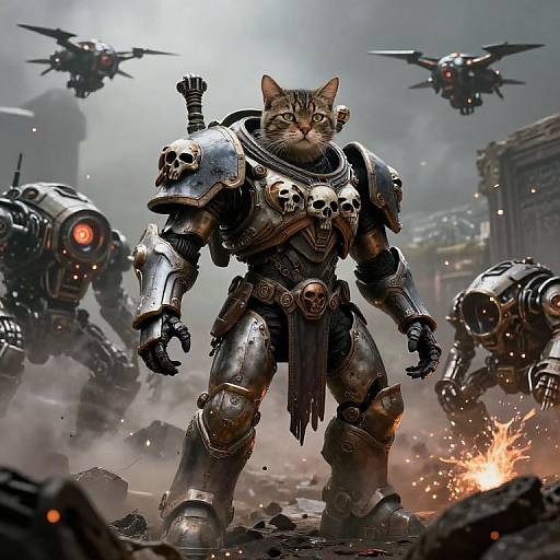 Digital artwork of a muscular anthropomorphic cat in heavy, skull-adorned armor, standing victorious in a smoky, war-torn futuristic city,
