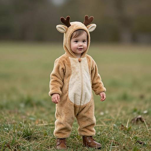 Photograph of a cute toddler in a brown, fuzzy reindeer onesie with antlers, standing on grassy field, wearing brown boots.