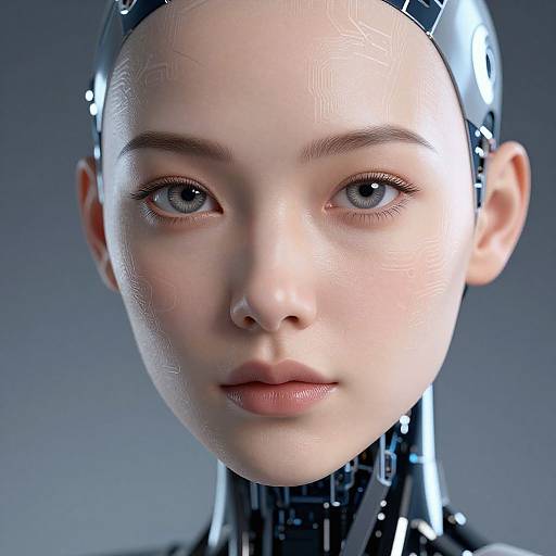 CGI image of a realistic, pale-skinned, robotic human with blue eyes, smooth skin, and a metallic headpiece, set against a gradient