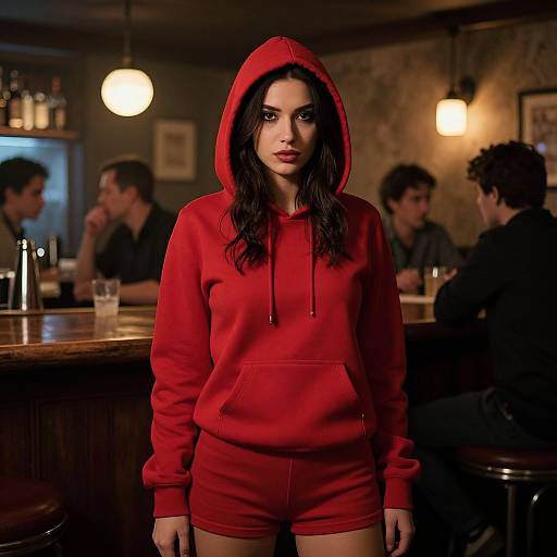 Photograph of a young woman with long dark hair, wearing a red hoodie and shorts, standing confidently in a dimly lit bar with blurred patrons in