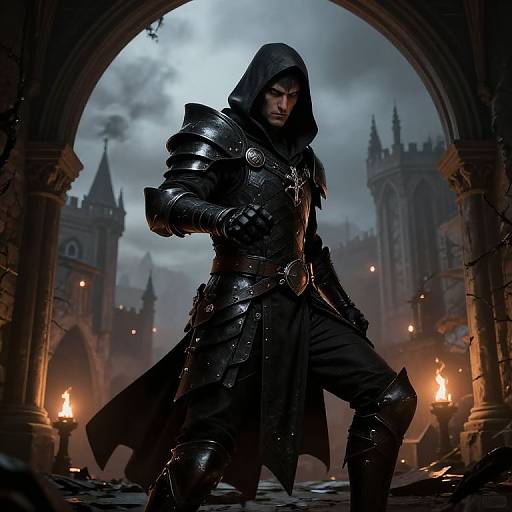 Digital artwork of a dark, hooded warrior in black, medieval armor, kneeling in a Gothic archway with castle towers and torches in the background