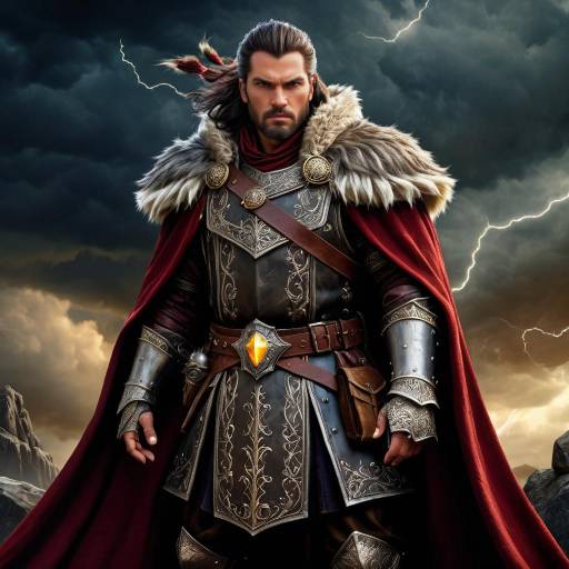 Fierce Warrior King Under Thunderous Sky