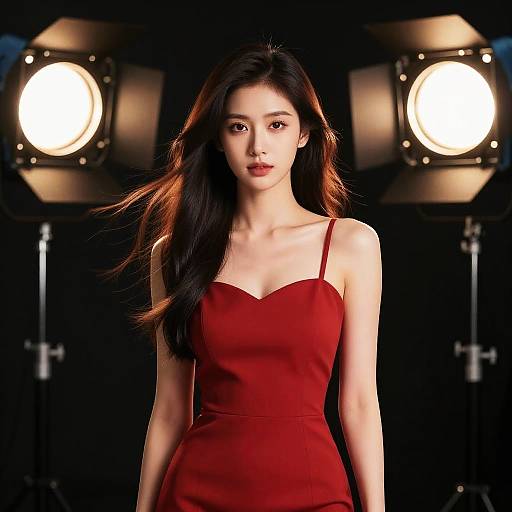 Photograph of an East Asian woman with long black hair, wearing a red strapless dress, standing in front of two bright studio lights against a black