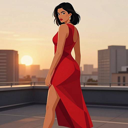 Digital illustration of a confident woman with black hair in a red, sleeveless, backless dress with a thigh-high slit, standing on a rooftop at