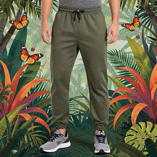 Digital illustration of a person's lower body in green joggers, gray shirt, and gray sneakers, surrounded by vibrant tropical foliage and orange-black butterflies.