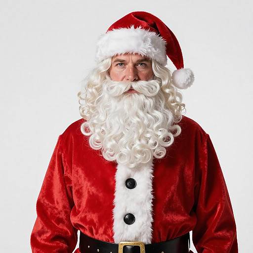 Photograph of a Santa Claus with a white curly beard and red velvet suit, white fur trim, and black belt, against a white background.