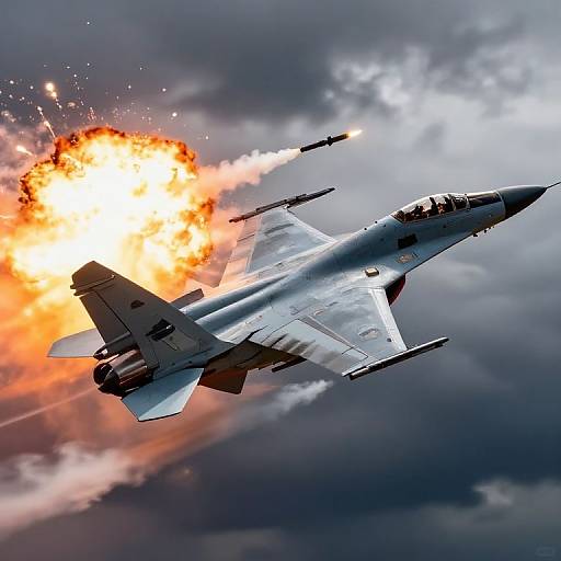 Photograph of a sleek, silver military jet with missiles firing, emitting a bright orange explosion against a dramatic, cloudy sky.