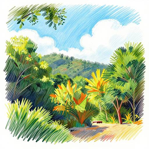 Colorful digital drawing of a vibrant tropical forest with lush green foliage, bright yellow and orange leaves, and a blue sky with fluffy white clouds.