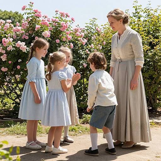 Photograph of a smiling woman in a vintage, light-colored dress interacting with four children in blue dresses and white shirts, surrounded by blooming pink roses