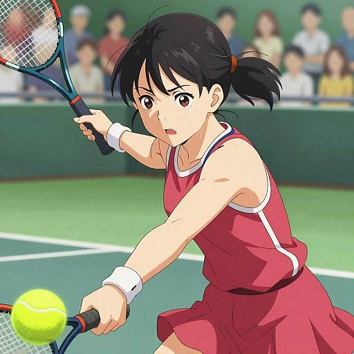 Anime-style drawing of a determined young woman in a red tennis dress, hitting a yellow tennis ball with a racket on a green court. Blurred audience