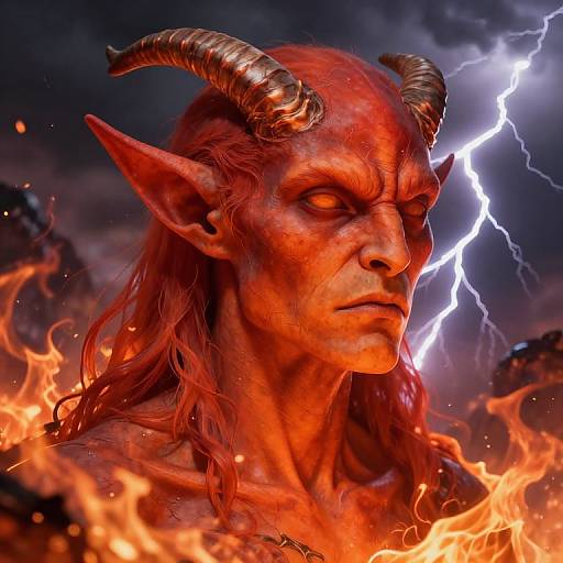 Digital artwork of a fierce, red-skinned demon with glowing eyes, large horns, and pointed ears, surrounded by flames and lightning.