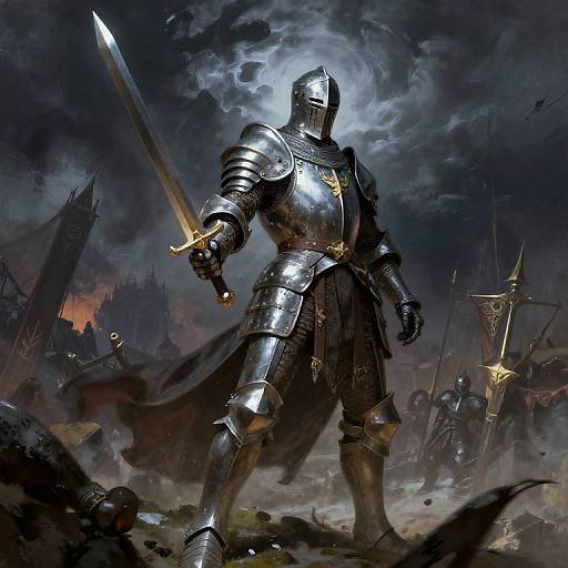 Digital fantasy artwork of a muscular, armored knight with glowing sword, standing triumphantly in a dark, stormy battlefield with scattered debris.
