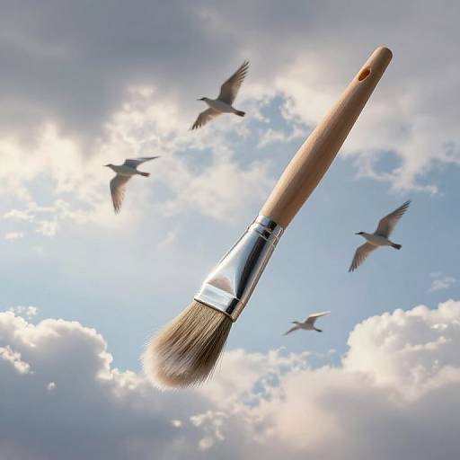 Photograph of a paintbrush soaring upward against a bright, cloudy sky with three birds flying in the background.