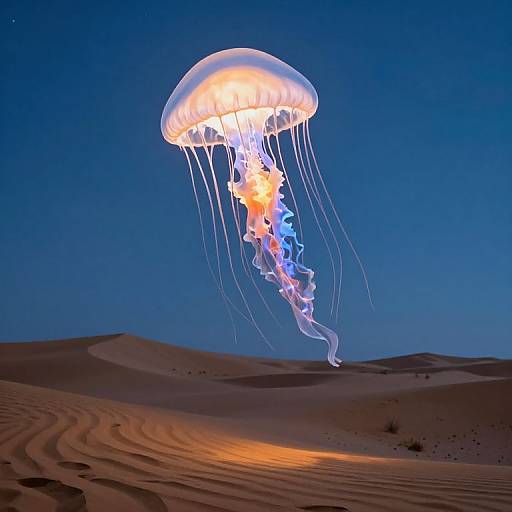 Photograph of a glowing, translucent jellyfish with orange and blue accents, floating above a desert landscape with ridged sand dunes under a starry