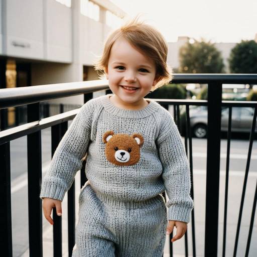 Toddler Boy in Teddy Bear Knit Romper Outdoors