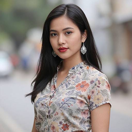 Photograph of an Asian woman with long black hair, wearing a floral blouse, red lipstick, and silver earrings, standing in a blurred urban street background