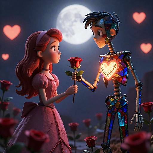 Romantic Valentine Scene with Stained-Glass Skeleton and Woman