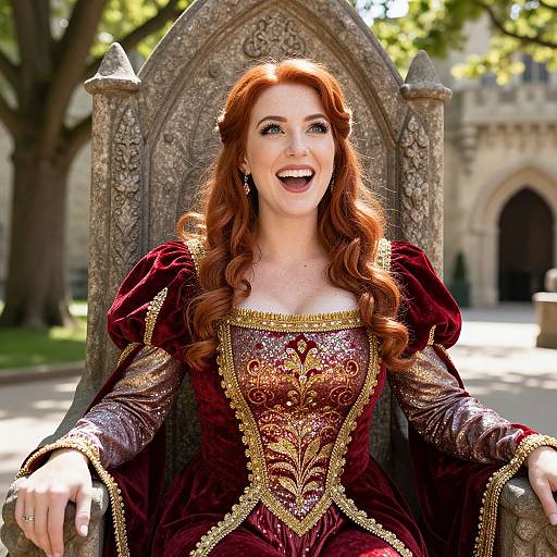 Photograph of a smiling red-haired woman in an ornate, medieval-style, maroon velvet gown with gold embroidery, seated on an intricately carved