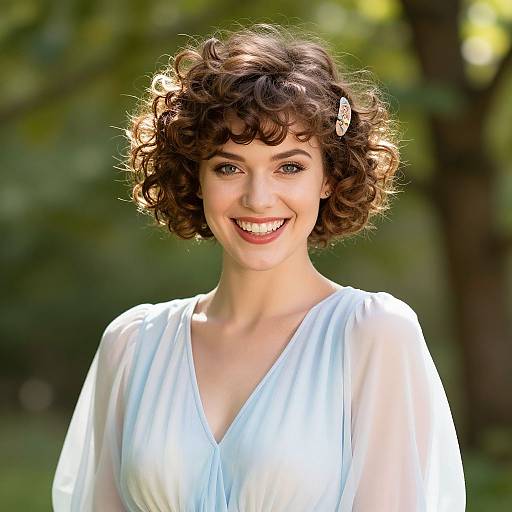 Photograph of a smiling young woman with short, curly brown hair, wearing a white, V-neck, sheer blouse, standing outdoors in a sunlit