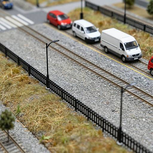 Photograph of a miniature model train track with four cars (red, white, white van, white van) on gravel, separated by black fencing.