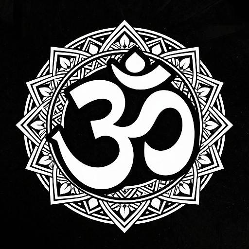 Black and white digital drawing of the Om symbol surrounded by intricate, geometric star patterns on a solid black background.