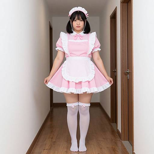 Photograph of an Asian woman in a pink and white maid outfit with white thigh-high stockings, standing in a wooden-floored hallway with white walls