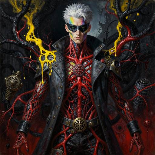 Digital artwork of a white-haired, sunglasses-wearing man with a black coat, red veins, and yellow flames emerging from black tendrils. Dark,