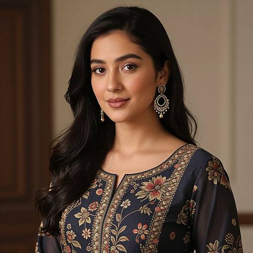 Photograph of a beautiful South Asian woman with long black hair, wearing a dark blue floral embroidered kameez and ornate earrings, smiling gently against