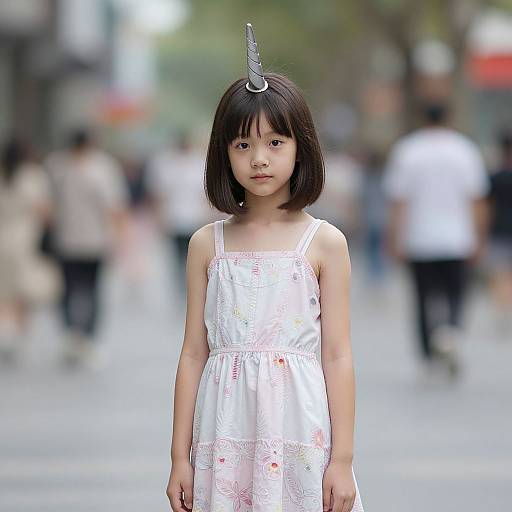Photograph of an Asian girl with straight black hair, wearing a white lace dress and a small gray headpiece, standing on a blurred city street.