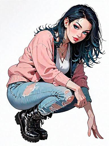 Casual Woman in Pink Cardigan and Ripped Jeans