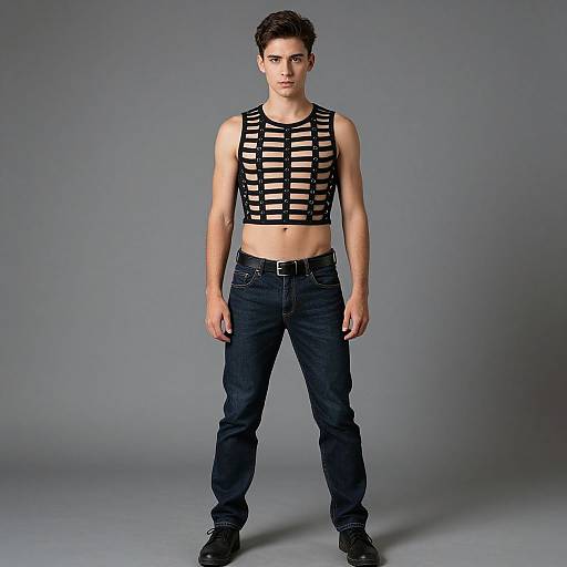 Photograph of a young man with short dark hair, wearing a black, strappy, sleeveless crop top and dark blue jeans, standing against a
