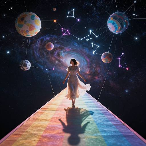Photograph-style digital art: Silhouetted woman in flowing white dress walks on glowing rainbow bridge, surrounded by colorful planets and constellations in
