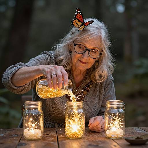 Photograph of an elderly woman with white hair, glasses, and a butterfly hairclip, lighting four glass jars with glowing sparkles on a wooden table