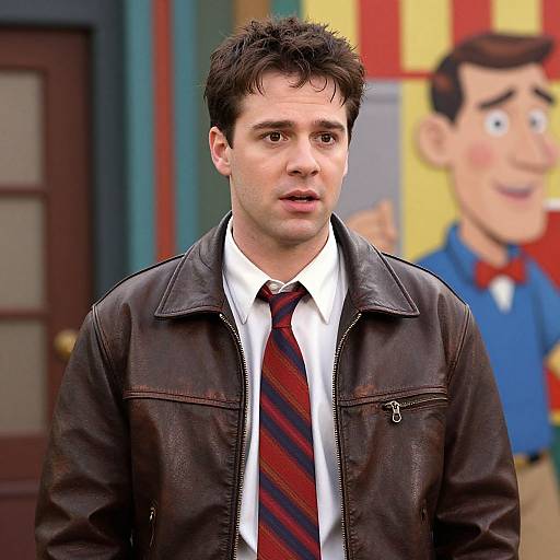 Photograph of a young white man with short, dark hair, wearing a black leather jacket, white shirt, and red striped tie, standing in front