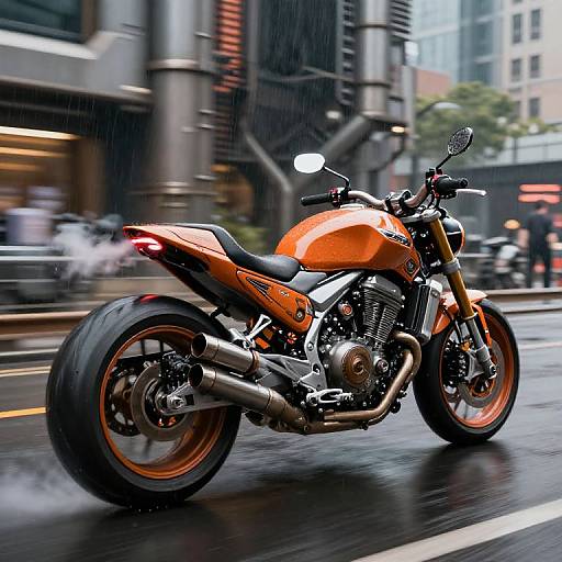 Photograph of a vivid orange sport motorcycle with black accents, riding on a rainy urban street, blurred city buildings in background.