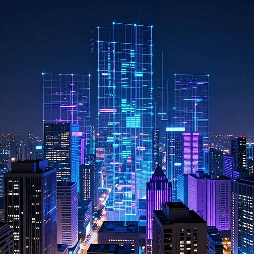 Digital art of a futuristic cityscape at night, featuring glowing blue and purple grid lines on skyscrapers, with illuminated streets below.