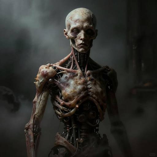 Digital artwork of a skeletal, humanoid figure with exposed muscles and blood-stained bones, standing in a dark, misty background.