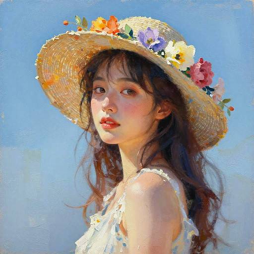 Digital painting of an Asian woman with long brown hair, wearing a floral sun hat and white dress, against a bright blue sky.