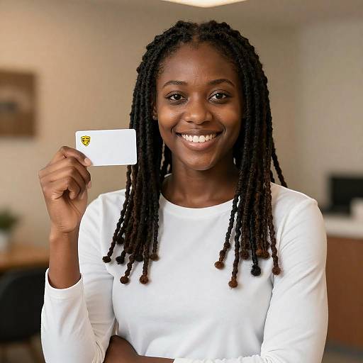 Smiling Black Woman Holding White Card