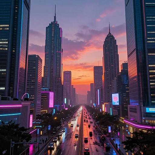 Photograph of a neon-lit, futuristic cityscape at sunset, with towering skyscrapers, vibrant pink, purple, and orange lights, and