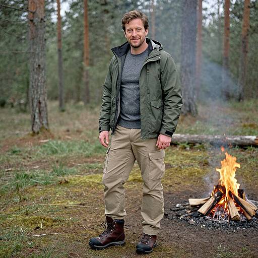 Photograph of a bearded man with light brown hair, wearing a green jacket, gray sweater, beige pants, and brown boots, standing by a
