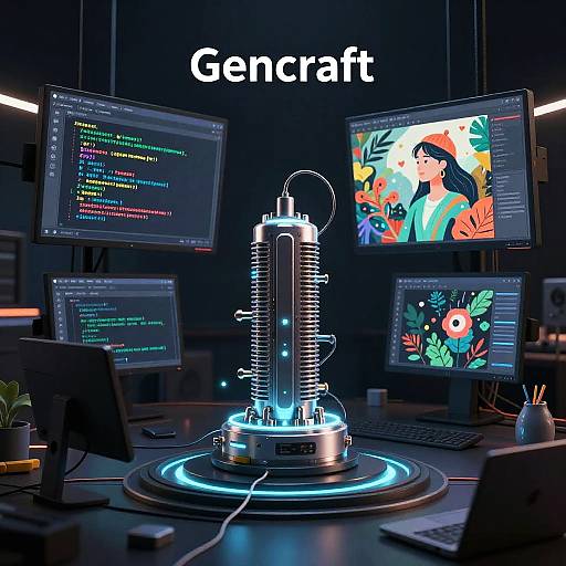 Photorealistic CGI of a dark, futuristic coding studio with four glowing monitors, a neon-blue coil centerpiece, and 