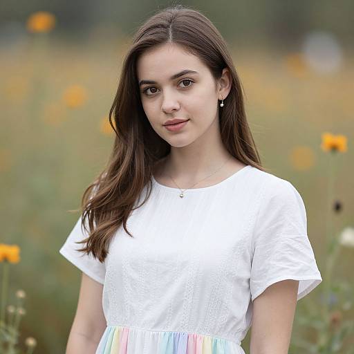 Photograph of a young woman with long brown hair, wearing a white short-sleeve dress, standing in a blurred field of yellow flowers, looking