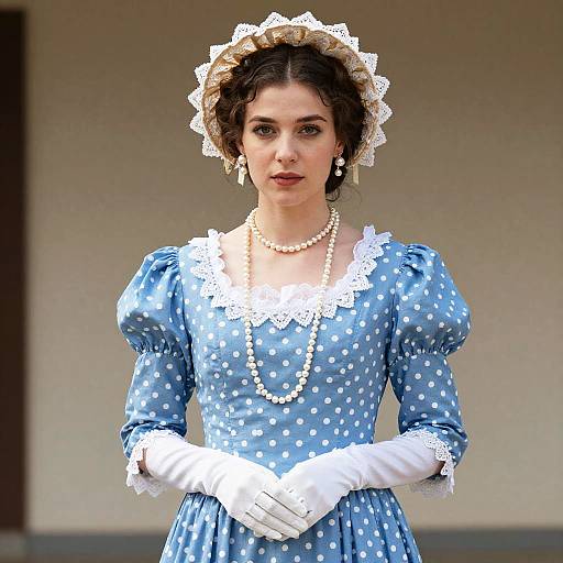 Photograph of a woman in a blue polka dot Victorian dress with white lace trim, white gloves, pearl necklace, and lace headpiece. She